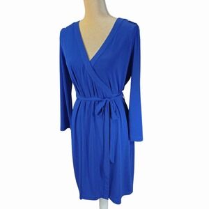 Calvin Klein‎ Wrap Dress sz M Women Blue Roll Tab Sleeves Belted Career Cocktail